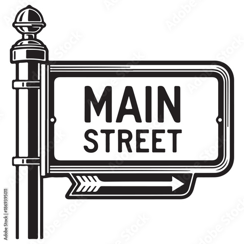Stylized Street Signpost with Text and Arrow in Black and White