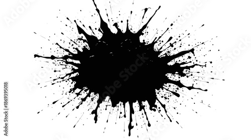 A black ink splatter with many fine droplets radiating outwards on a white background.