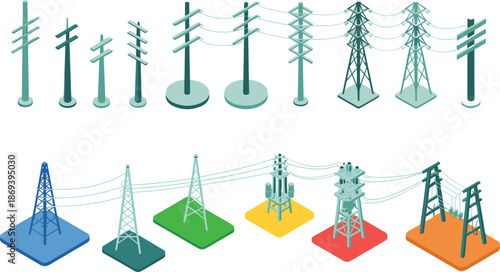 Isometric electrical infrastructure icons set, power poles pylons transformers, electricity transmission and distribution network, utility grid elements, vector illustration