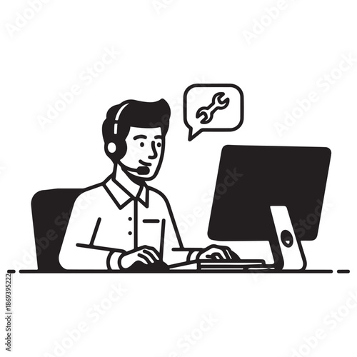 Line Art Icon of Support Agent at Computer with Wrench Symbol