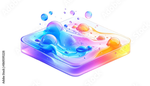 Colorful liquid bubbles on a clear square platform against black