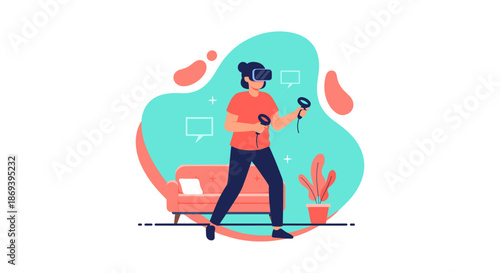 Man Using Virtual Reality Headset Standing.