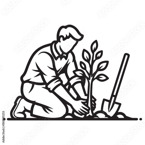 Stylized Line Art of Person Planting a Sapling with Spade