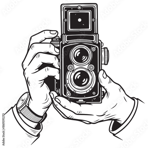 Vintage Camera Held by Hands in Stylized Black and White Line Art