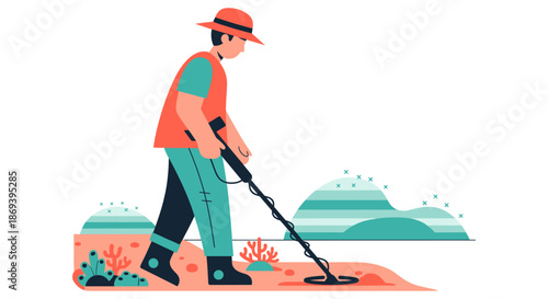 Man Using Metal Detector on Ground.