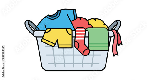 Colorful laundry basket overflowing with freshly washed clothes and household essentials in vibrant colors and cozy arrangement