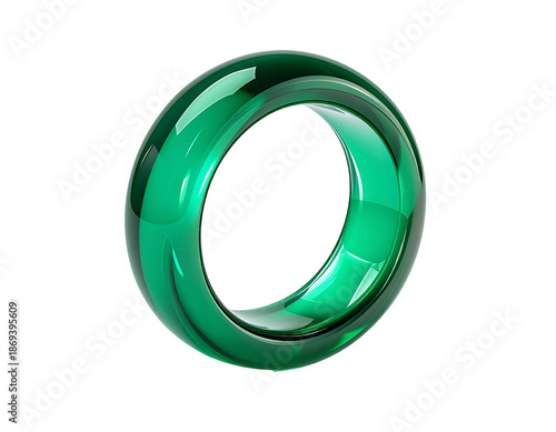 Rendered, glossy green torus floating against a stark black background