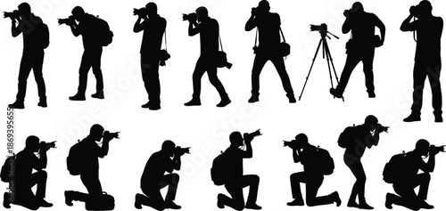 Silhouettes of photographers in various poses with cameras, tripods, backpacks, capturing moments in standing and crouching positions