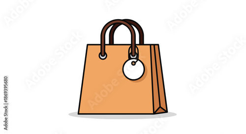 Simple cartoon style shopping bag illustration showcasing a beige paper shopping bag with dark brown handles and a decorative circular tag on a