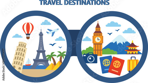 Travel destination collage. Trip composition with famous world landmarks through binoculars. Vector Illustration. Summer tourism and vacation concept. Banner, poster, maps, souvenirs design elements