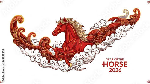 Vibrant red horse with golden mane and tail surrounded by swirling clouds and waves in a dynamic illustration for the year of the horse 2026