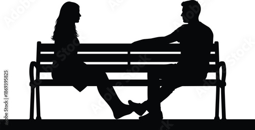 Couple sitting on park bench silhouette illustration man and woman facing each other calm conversation black vector design concept