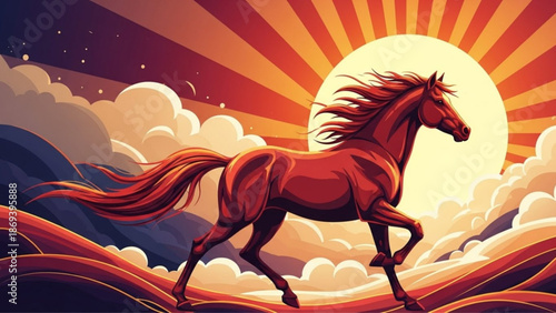 A majestic reddish brown horse runs freely in a dreamy landscape with vibrant sun rays and fluffy clouds in the background at sunset with running horse