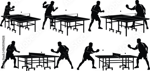 Silhouettes of table tennis players in action poses with paddles, ball, and movable tables for sports vector illustration