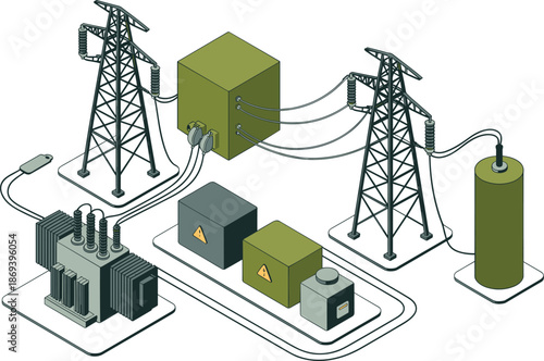 Isometric electrical power distribution system illustration, transformers substations transmission towers and control units, smart grid infrastructure, energy flow concept
