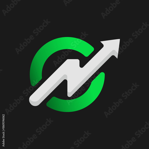 The letter N / ON modern logo featuring a lightning bolt and an upward arrow with neon green color, symbolizing growth, speed, power, and progress, suitable for brands in technology, startups, finance