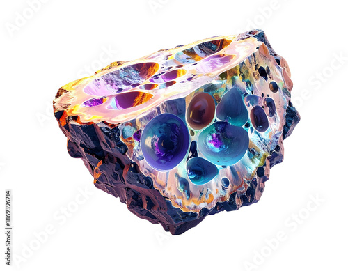 Glowing, cross-section of a surreal rock formation with bioluminescent bubbles