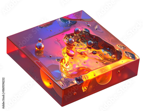 A translucent cube with abstract, colorful liquids and spheres inside
