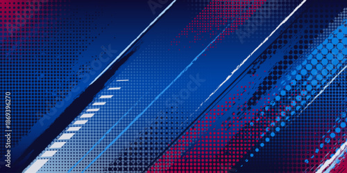 Sport background with dynamic halftone pattern in red and blue - abstract grunge texture with diagonal brush strokes, geometric gradients and energetic speed effects for athletic sporty poster design