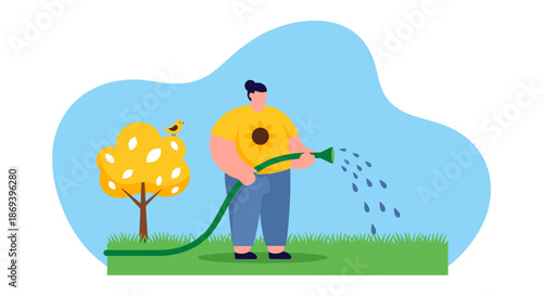 Man Watering Plants with Green Hose.