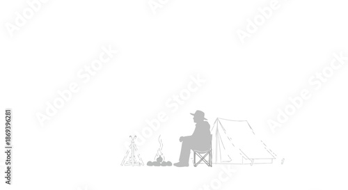 Serene solo camper enjoying a peaceful night under the stars beside a cozy tent as a campfire flickers nearby in a tranquil outdoor setting on a