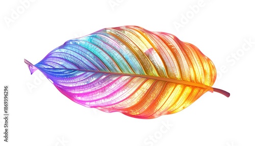 A single, iridescent leaf displays a spectrum of vibrant colors on black