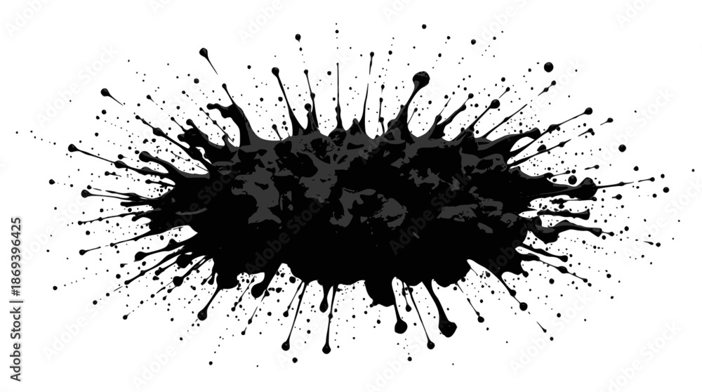Fototapeta premium A black ink splatter effect with many small droplets and tendrils radiating outwards from a central mass.
