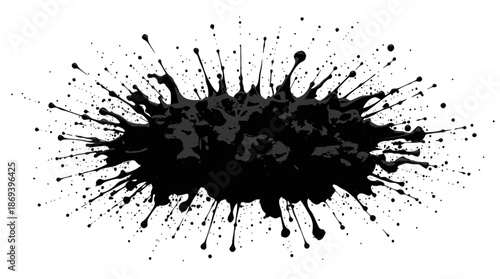 A black ink splatter effect with many small droplets and tendrils radiating outwards from a central mass.