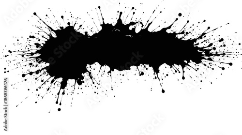 A black ink splatter forming a horizontal banner with many small droplets radiating outwards on a white background.