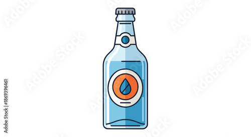 Brightly Colored Illustration of a Classic Glass Bottle with a Liquid Dropper Emblem for Beverage Packaging or Refreshing Drink Concept in a Modern