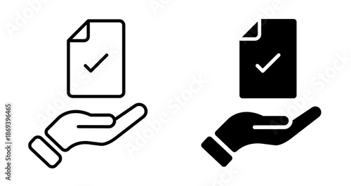 Page with checkmark on hand icon. Holding the document symbol