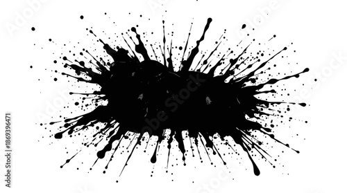 A dynamic black ink splatter with numerous fine droplets radiating outwards on a white background.
