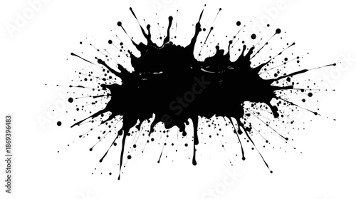 A black ink splatter with many small droplets radiating outwards on a white background.
