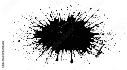 A dramatic and messy black ink splatter with many small droplets radiating outwards on a clean white background, creating an abstract and grunge effect.
