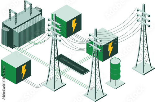 Isometric electrical power distribution system illustration, transformers substations transmission towers and control units, smart grid infrastructure, energy flow concept