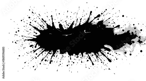A dynamic black ink splatter with numerous small droplets radiating outwards on a clean white background.