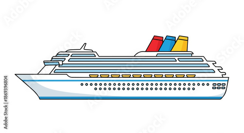 Elegant cruise ship with colorful funnels and multiple decks showcasing luxurious maritime design with a sleek streamlined structure and numerous