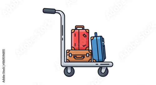 illustration of a luggage trolley carrying various colorful travel suitcases highlighting travel accessories and transportation methods suitable for