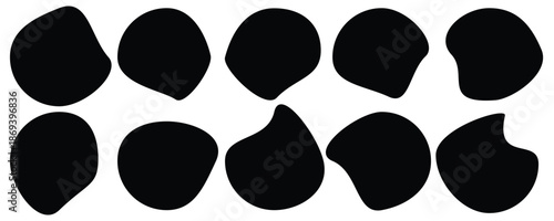 Abstract black irregular blob shapes set. Organic random liquid forms in flat style. Organic blob shape isolated on white background. An arrangement of black organic shapes.