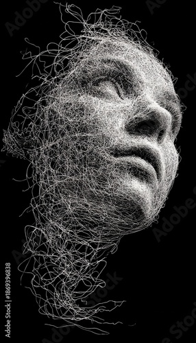 Abstract Sculpture of a Human Face Made from Fine Wire Materials