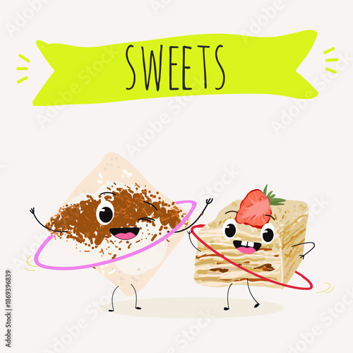 Funny Characters Turkish Tavuk Gogsu, Gullach, dessert, Eastern sweets. Hand drawn vector illustration.
