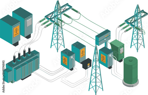 Isometric electrical power distribution system illustration, transformers substations transmission towers and control units, smart grid infrastructure, energy flow concept