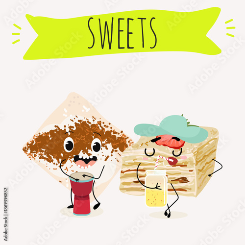 Funny Characters Turkish Tavuk Gogsu, Gullach, dessert, Eastern sweets. Hand drawn vector illustration.