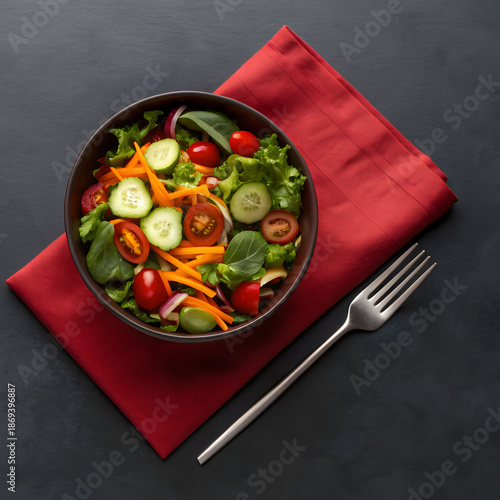 side close view of veggie salad on red napkin