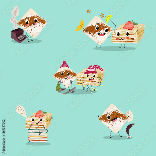 Funny Characters Turkish Tavuk Gogsu, Gullach, dessert, Eastern sweets. Hand drawn vector illustration.