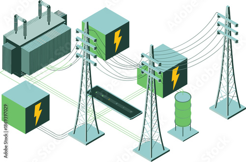 Isometric electrical power distribution system illustration, transformers substations transmission towers and control units, smart grid infrastructure, energy flow concept