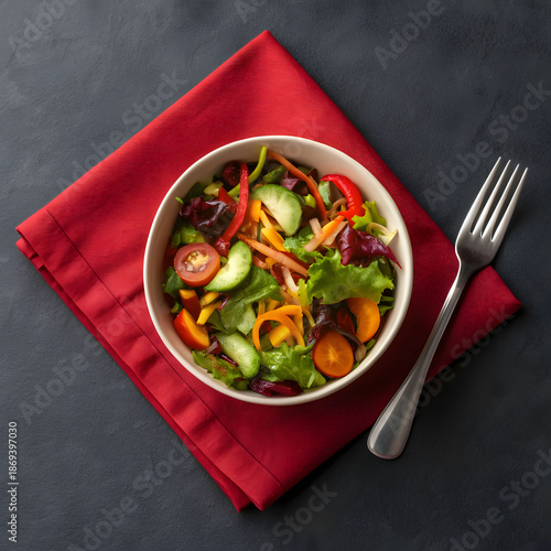 side close view of veggie salad on red napkin