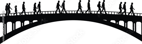 People silhouettes walking across arched bridge symbolizing journey connection urban life movement crowd in minimalist black vector illustration
