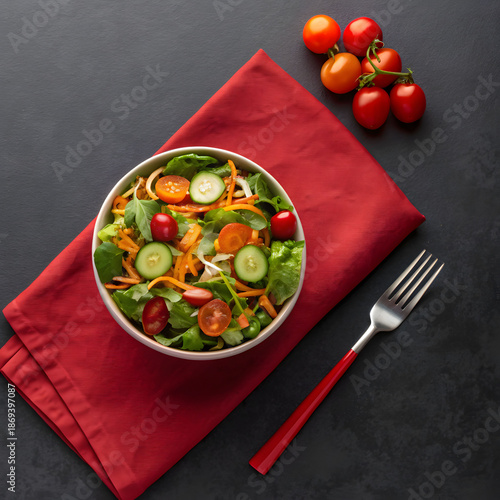 side close view of veggie salad on red napkin
