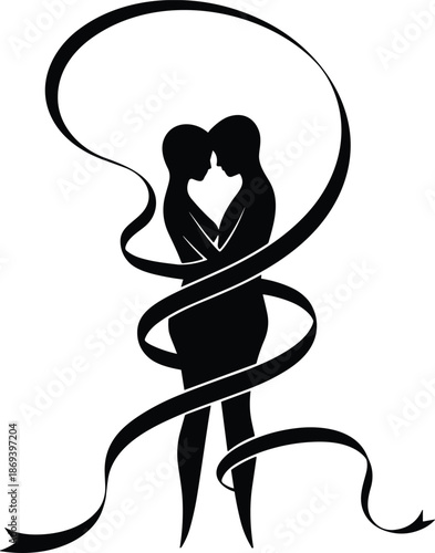 Romantic couple embraced by flowing ribbon silhouette illustration loving man and woman abstract love symbol black vector design